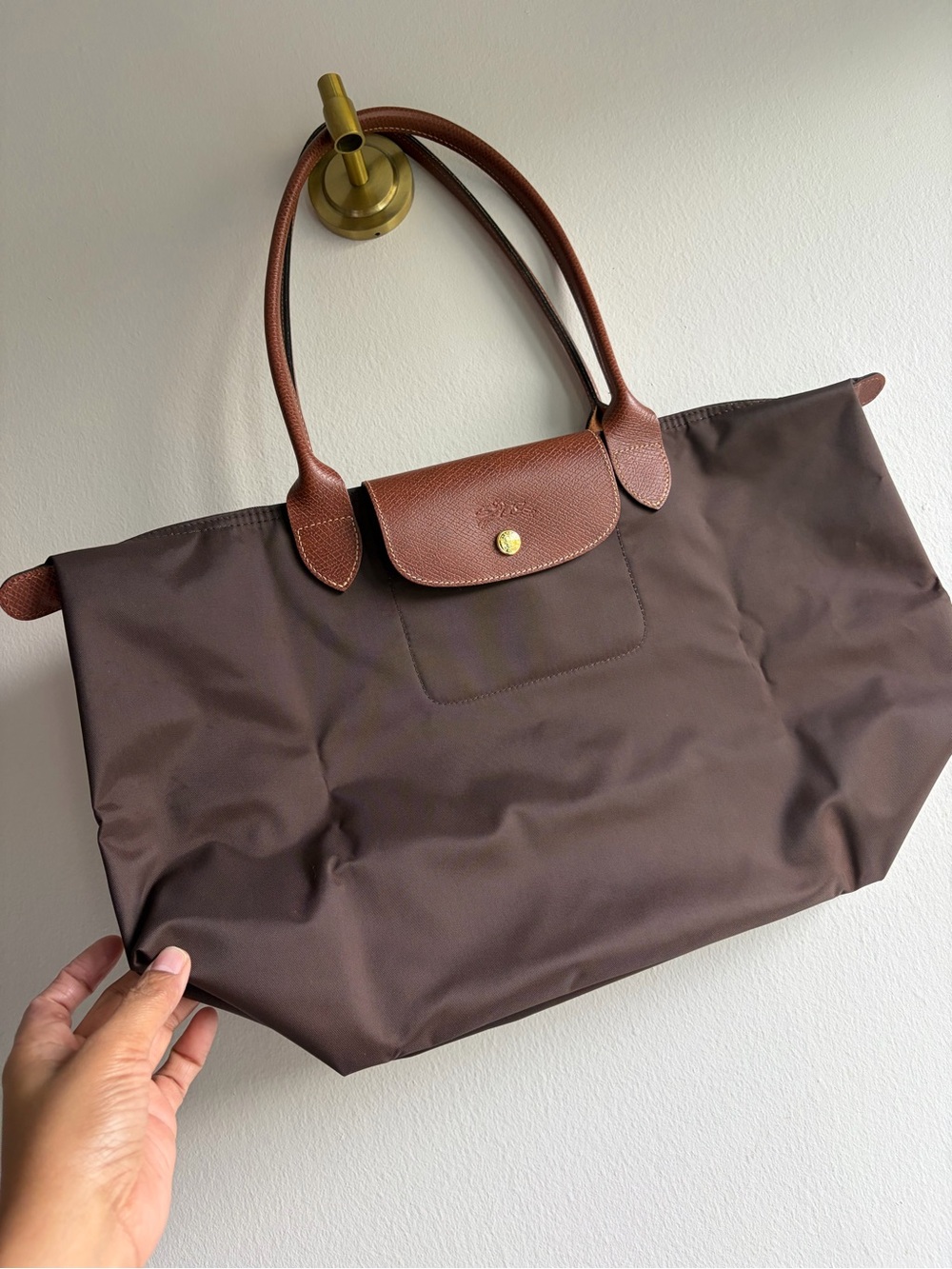 Longchamp Large Mocha Nylon Tote with Tan Leather Trim